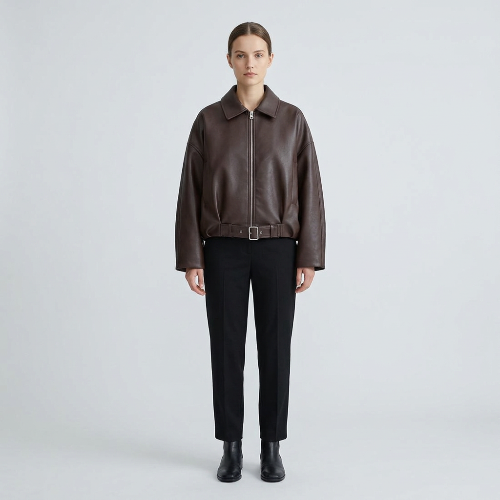 Belted Cropped Faux Leather Jacket - model