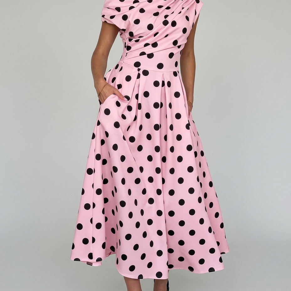 Polka Dot Midi Wedding Guest Dress - model