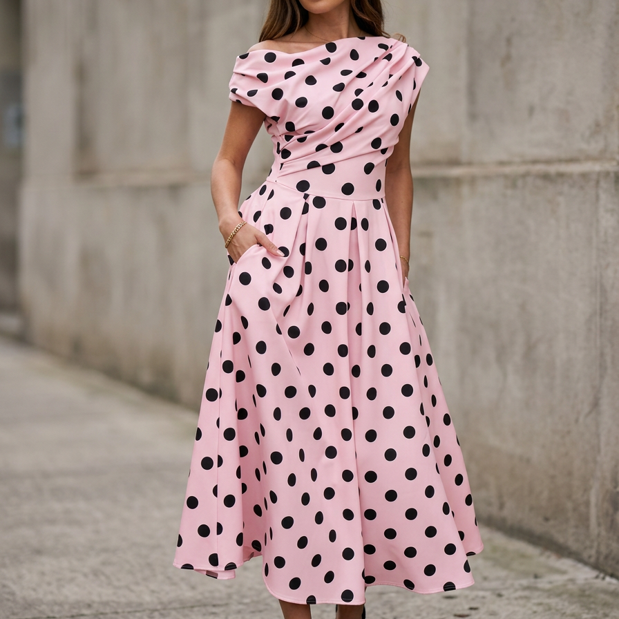 Polka Dot Midi Wedding Guest Dress - outdoor