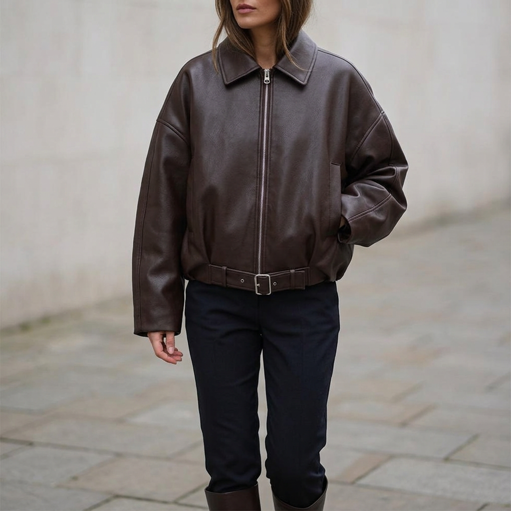 Belted Cropped Faux Leather Jacket - outdoor