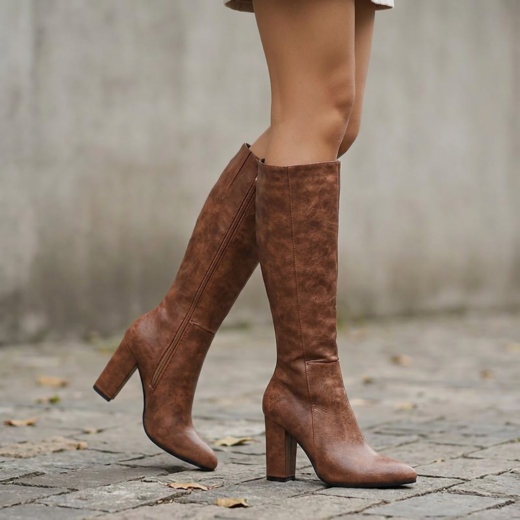 Leather Knee High Block Heel Boots - outdoor