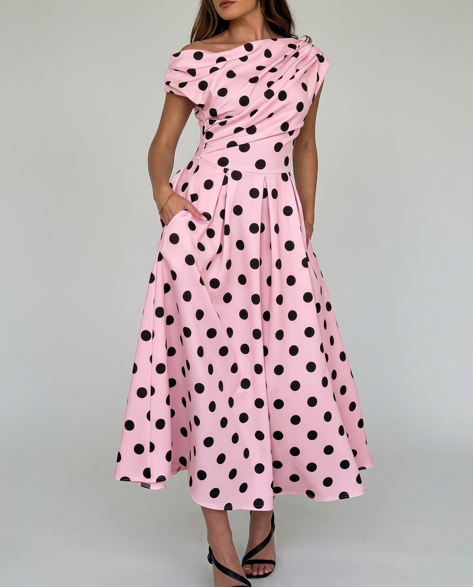 Polka Dot Midi Wedding Guest Dress - model