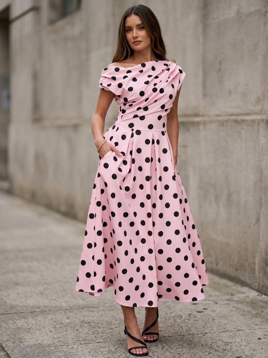 Polka Dot Midi Wedding Guest Dress - outdoor